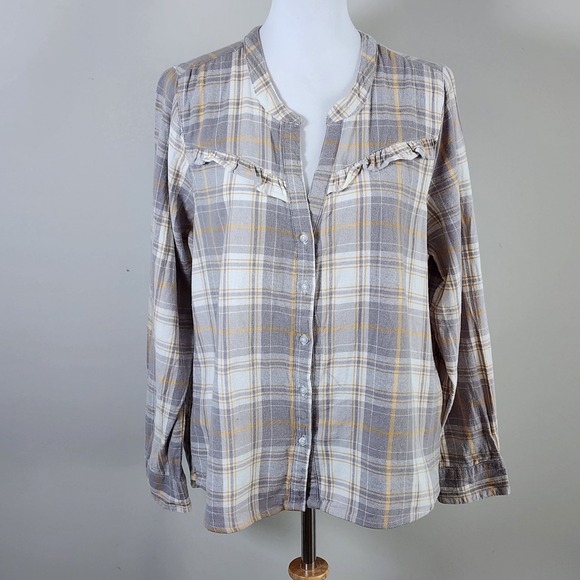 Harve Benard Tops - Harve Benard Plaid Button Up‎ Womens Large Gray Ruffle Western Flannel Cottage